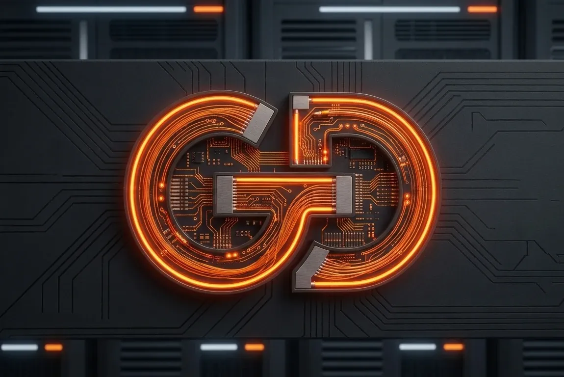 The Gamers.Direct GD logo in orange circuitry, mounted between server racks